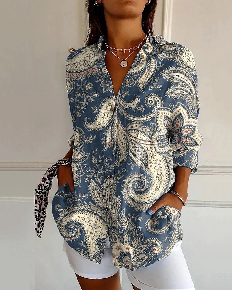 Femmes Chemise Fleur Quotidien Élégant Basique Demi Manches Col en V Hauts Réguliers Quotidien Fête Imprimé Blanche Bleu Beige Printemps Automne de 2025 ? $25.99 –P1