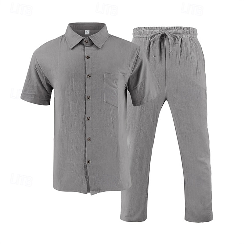 Men's Shirt Suits Shirt and Pant Sets 2 Pieces Outfits Short Sleeve Lapel Summer Plain Fashion Casual 2 Piece Vacation Daily Wear Going out Black White Khaki Top Tee for Men 2025 - $40.99 –P9