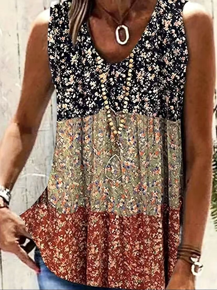 Dame Singleter Camisole Tank Top Blomstret Bohem Etnisk Ermeløs V-hals Vanlige topper Daglig Ferie Trykt mønster Marineblå Blå Kamel Fuksia Grønn Sommer 2025 - $14.99 –P1