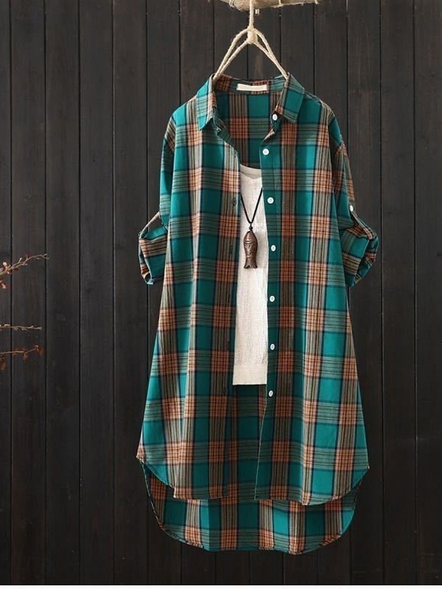 Women's Cotton Linen Shirt Plaid Basic Casual Long Sleeve Shirt Collar Regular Tops Daily Buttons Pocket Print Yellow Red Green Summer 2025 - $18.99 –P4