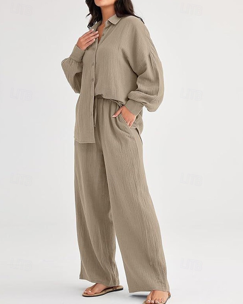 Women's Active Fashion Cotton Linen Shirts Cotton Linen Sets Blouse Long Sleeve Shirt Collar Solid Color Dubbele Rij Knopen Holiday Casual Daily Black Ivory Wine Summer Regular Fit 2025 - $37.99 –P1