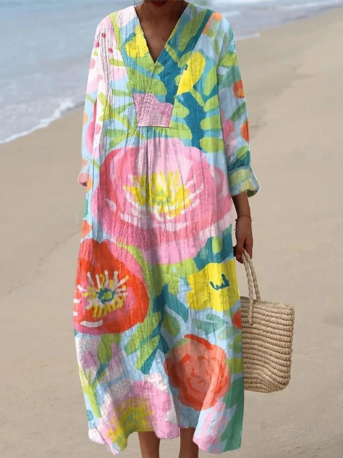 Women's Midi Dress Sundress A Line Dress Vacation Casual Boho Party Going out Beach Floral Graphic Long Sleeve V Neck Gray Green Dark Pink off-white Pink / White Summer Spring 2025 - $35.99 –P1