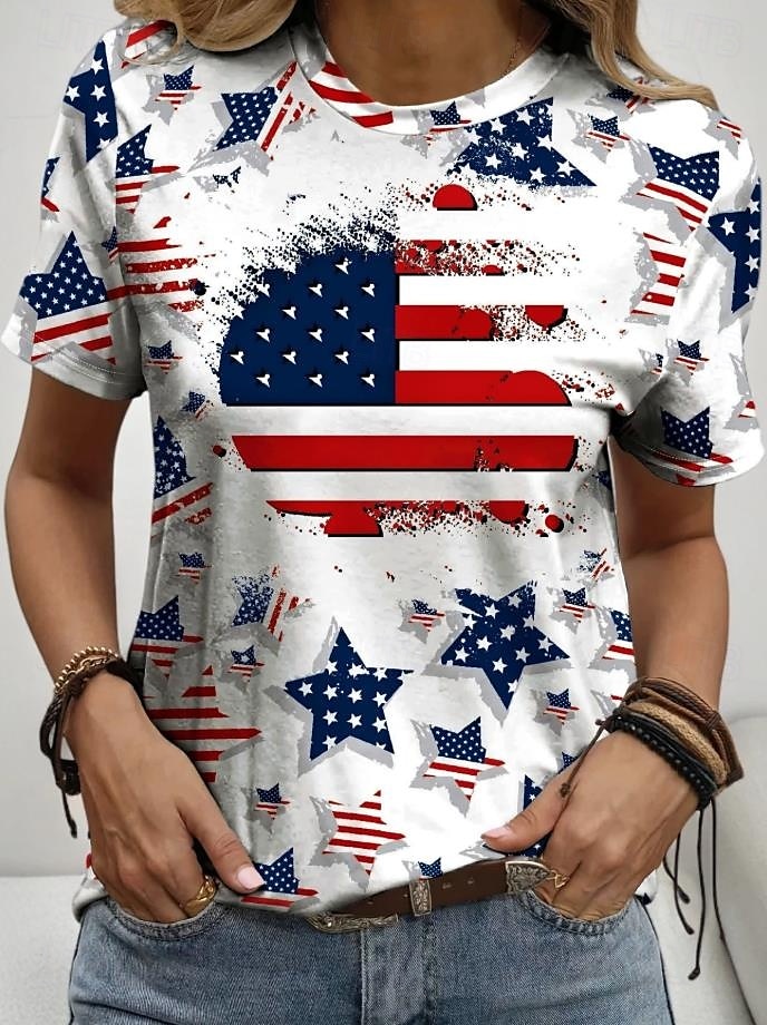 Giorno dell'Indipendenza Maglietta Patriottica da Donna Stampa Grafica Bandiera Vintage Elegante Classica Maniche Corte Collo A Giro Tasca Regolari Quotidiani Fine Settimana Stampa Nero Bianco Blu del 2026 a $22.99 –P1