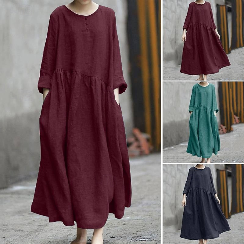 Femmes Robe Midi Robe en coton et lin Classique Moderne Extérieur Vacances Fête Coupe régulière Uni manche longue Col ras du cou Noir Rouge Vert Été de 2025 ? $32.99 –P1