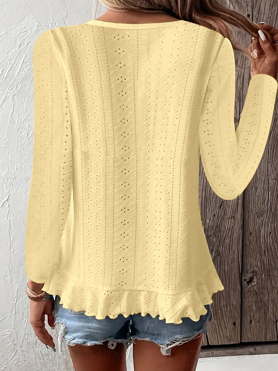 Dame Bluse Helfarge Stilfull Fritid Langermet Crew-hals Vanlige topper Daglig Drapering Snørehull Hvit Gul Blå Grønn Sommer Vår 2025 - $17.99 –P2