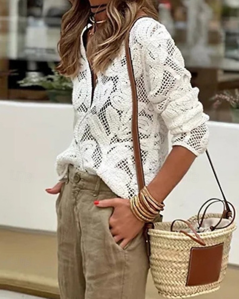 Women's Shirt Blouse Lace Plain Casual Long Sleeve Crew Neck Regular Tops Daily Going out White Summer 2026 - $34.99 –P4