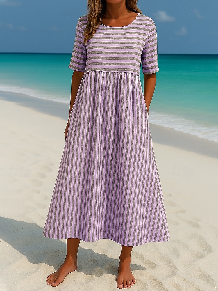 Pentru femei Rochie Maxi Rochie de Vară Casual Zilnic Rochie de toamna Potrivire Largă Dungi Manșon scurt Stil Nautic Albastru celest Cămilă Mov Trifoi Toamnă 2025 - $25.99 –P2