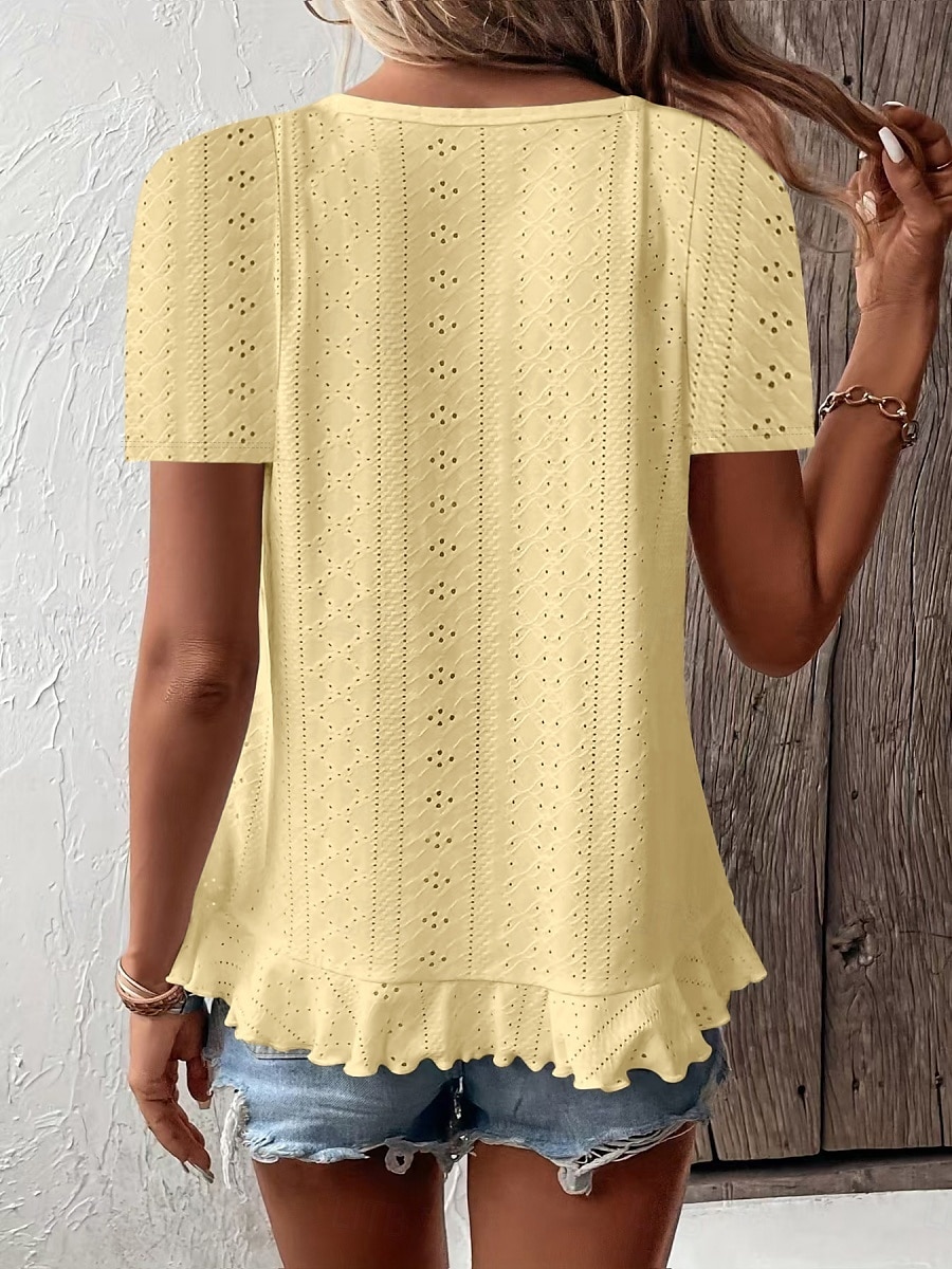 Tricou pentru femei Culoare solidă Simplu Basic Casual Mâneci scurte Guler rotund Topuri Regular Zilnice Weekend Volan Dantelat Alb Galben Roz Verde Vară 2025 - $19.99 –P2