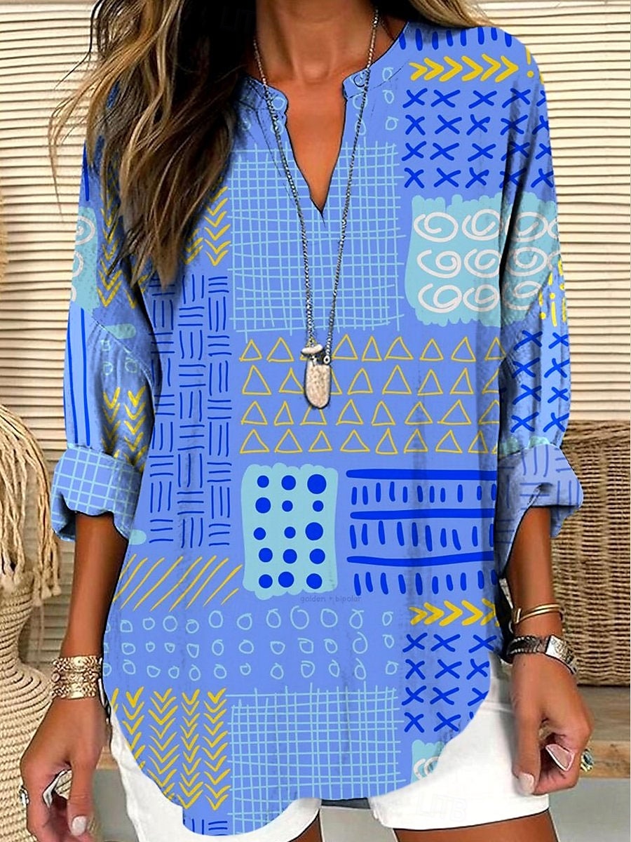 Damen Bluse Blumen Grafik Elegant Stilvoll Langarm V Ausschnitt Normale Oberteile Täglich Ferien Druck Blau Grün Sommer Frühling 2025 - $24.99 –P2