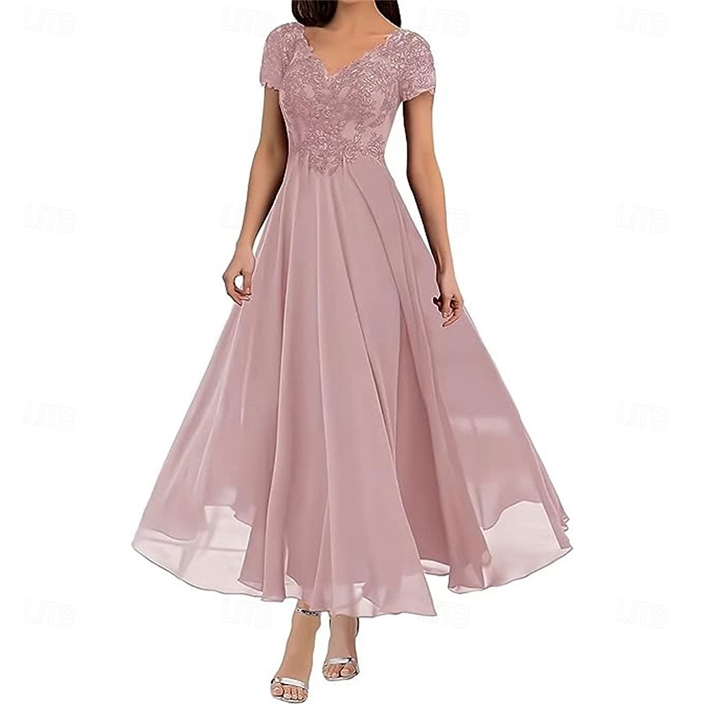 A-Linie Brautmutterkleid Elegant V Ausschnitt Bodenlang Polyester Kurzarm mit Einfarbig 2025 2025 - $119.99 –P10