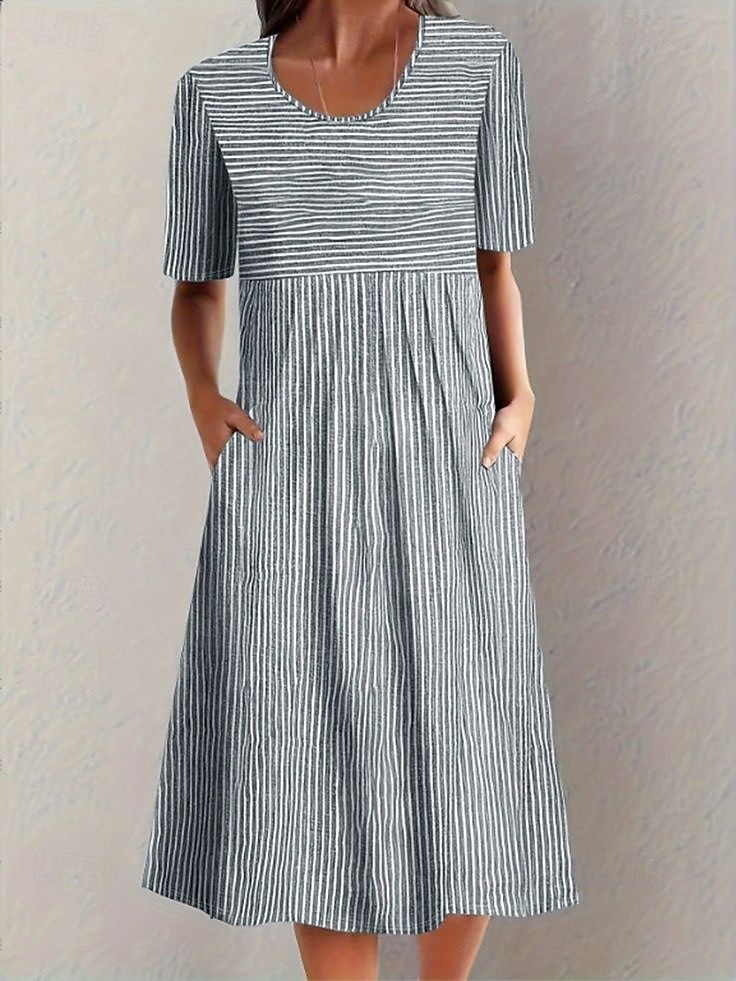 Pentru femei Rochii Midi Rochie A line Rochie de vară Vacanță Casual Zilnic Concediu Potrivire Largă Grafic Geometric Dungi Manșon Jumate Stil Nautic Albastru piscină Gri Vară 2025 - $31.99 –P2