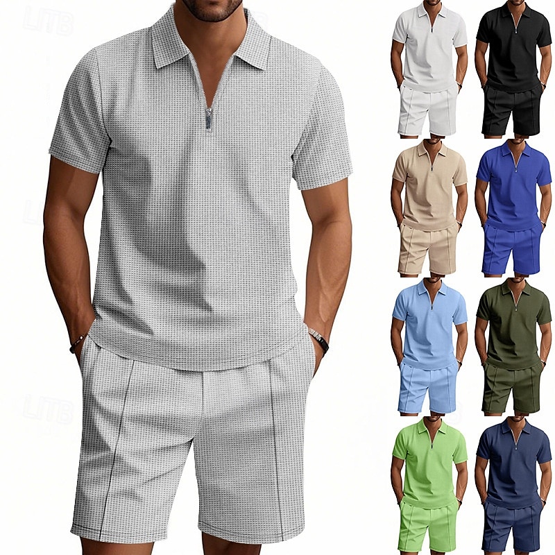 Voor heren Wafel Poloshirts Polo met kwartrits Dagelijks Feestdagen Revers Korte mouw Modieus Basic Effen 2-stuks Zomer Normale pasvorm Zwart Wit Marineblauw Koningsblauw Groen Khaki Wafel Poloshirts 2025 - $26.99 –P1