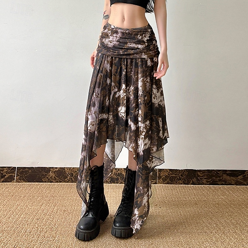 Damen Rock Mode Boho Midi Mittlere Hüfthöhe Röcke Blumen Unregelmäßiger Saum Druck Mikroelastisch Urlaub Straße Braun Sommer Polyester 2025 - $26.99 –P5