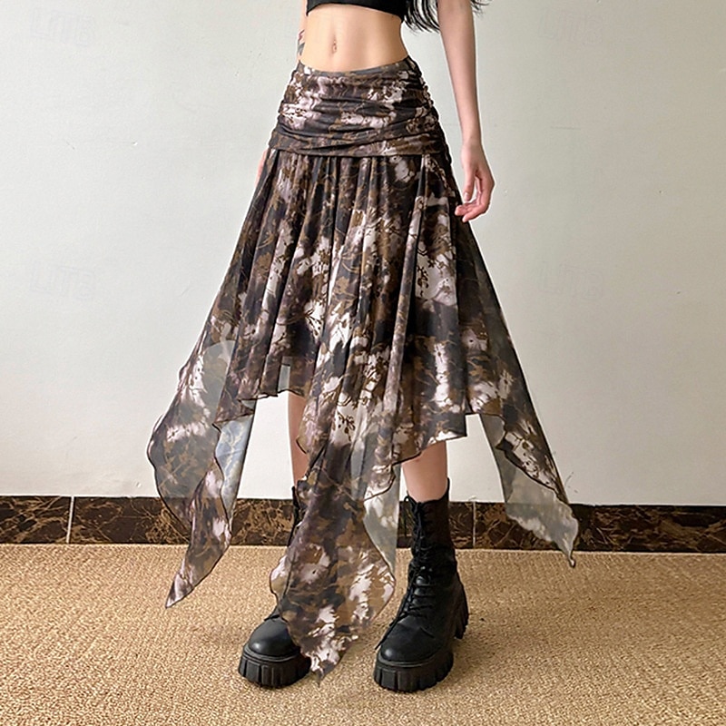 Damen Rock Mode Boho Midi Mittlere Hüfthöhe Röcke Blumen Unregelmäßiger Saum Druck Mikroelastisch Urlaub Straße Braun Sommer Polyester 2025 - $26.99 –P7