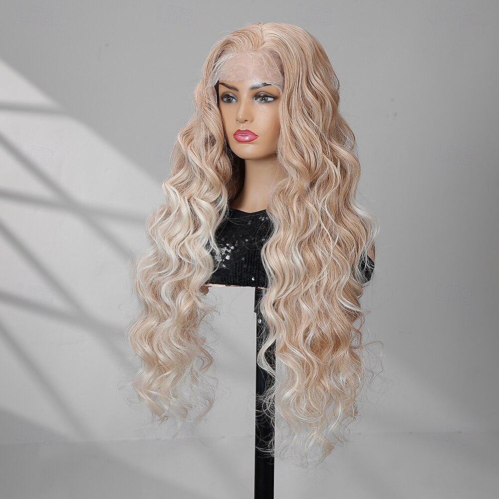 Parrucca in pizzo sintetico Ondulato naturale Stile 30 pollice Multicolore Riga centrale 13x4 Fronte in Pizzo Parrucca Per donna Parrucca A3 del 2025 a $76.99 –P2