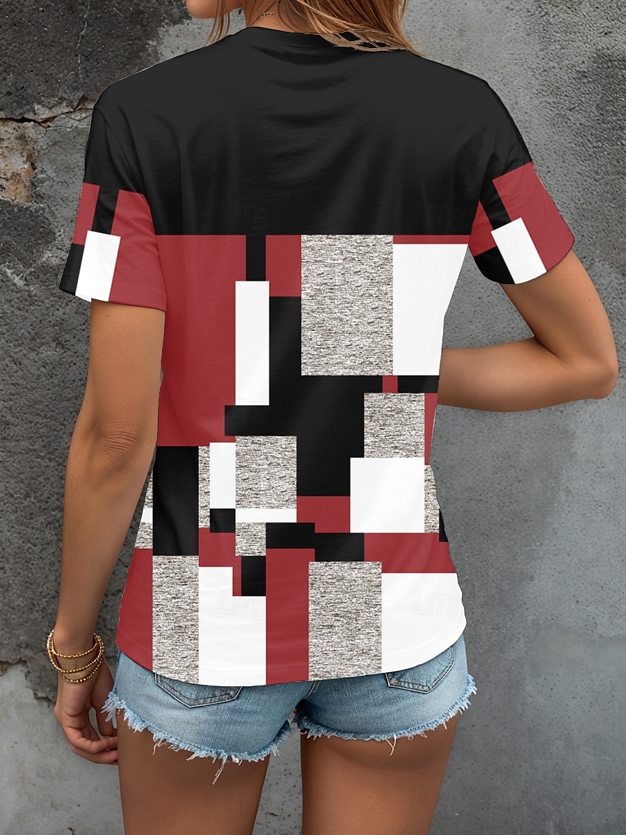 Dame T skjorte Grafisk Geometrisk Fargeblokk Årgang Stilfull Klassisk Kortermet Crew-hals Rund hals Vanlige topper Daglig Trykt mønster Rød Blå Lilla Grønn Sommer Vår 2025 - $19.99 –P2