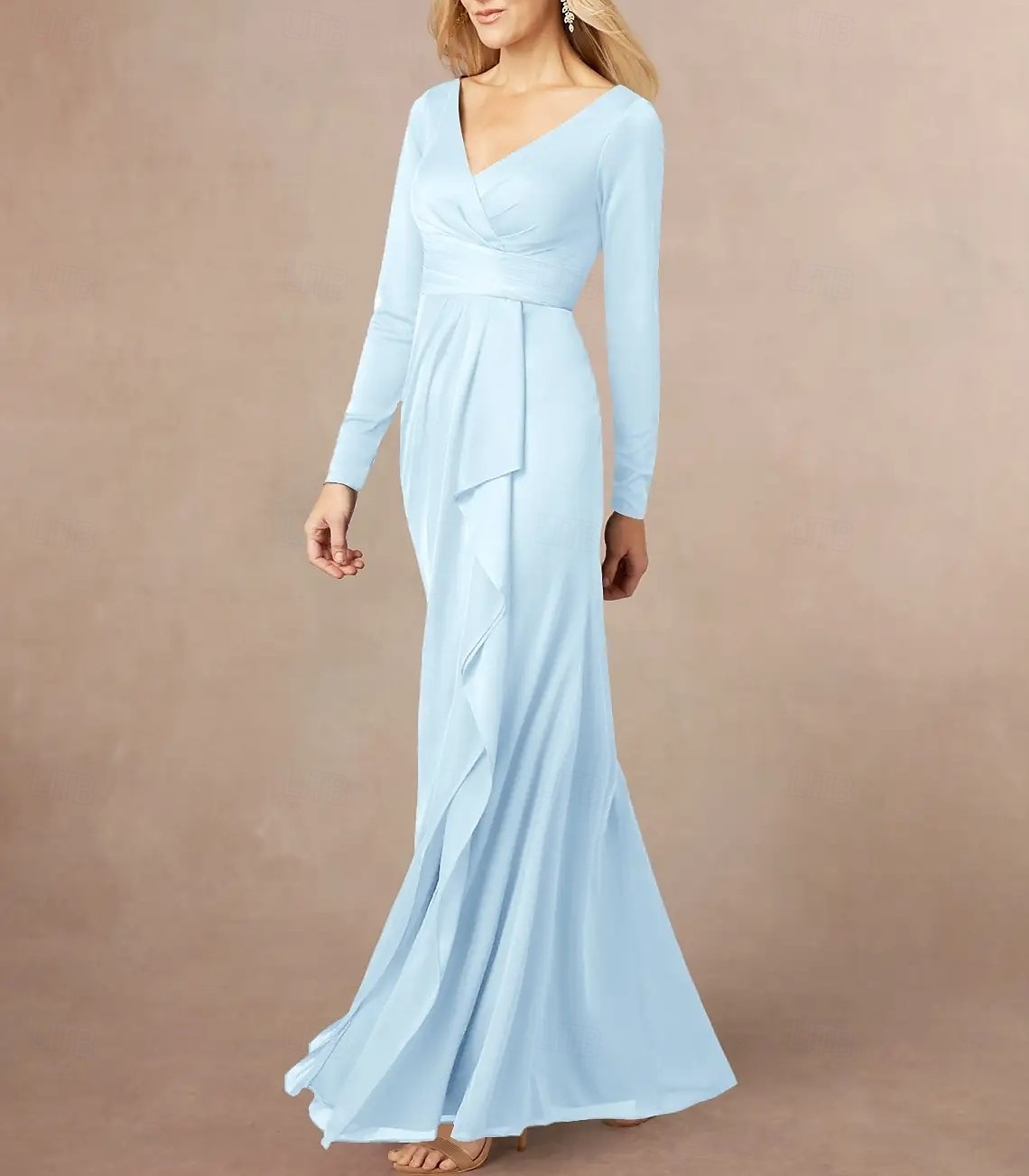 Meerjungfrau  Trompete Brautmutter Kleid Hochzeitsgast Elegantes V-Ausschnitt Bodenlang Chiffon Lange Ärmel mit Rüschen Schlitz vorne Raffung 2025 - $156.99 –P3