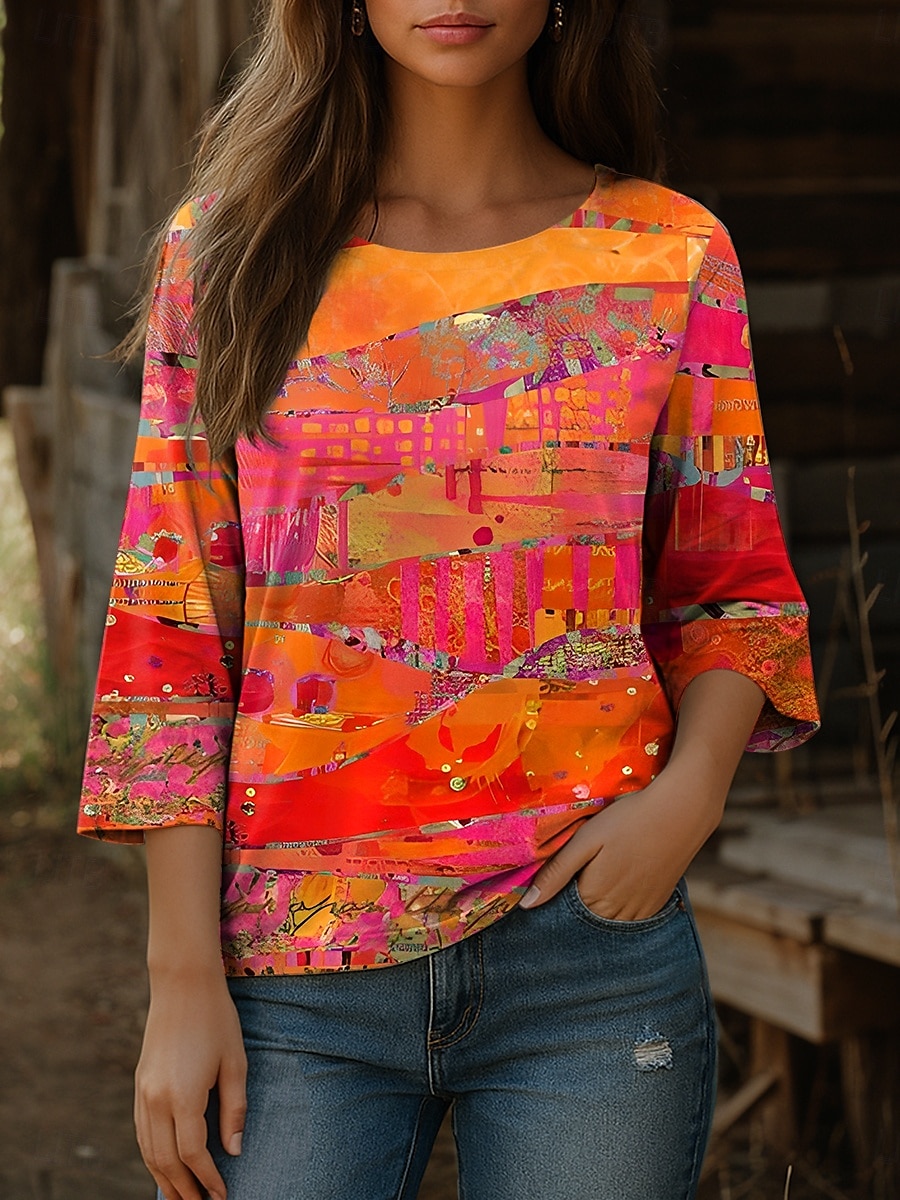 Dame Bluse Grafisk Abstrakt Bohem Årgang Etnisk 3/4 ermer Crew-hals Vanlige topper Daglig Ferieklær Trykt mønster Blå Lilla Oransje Sommer Vår 2025 - $27.99 –P1