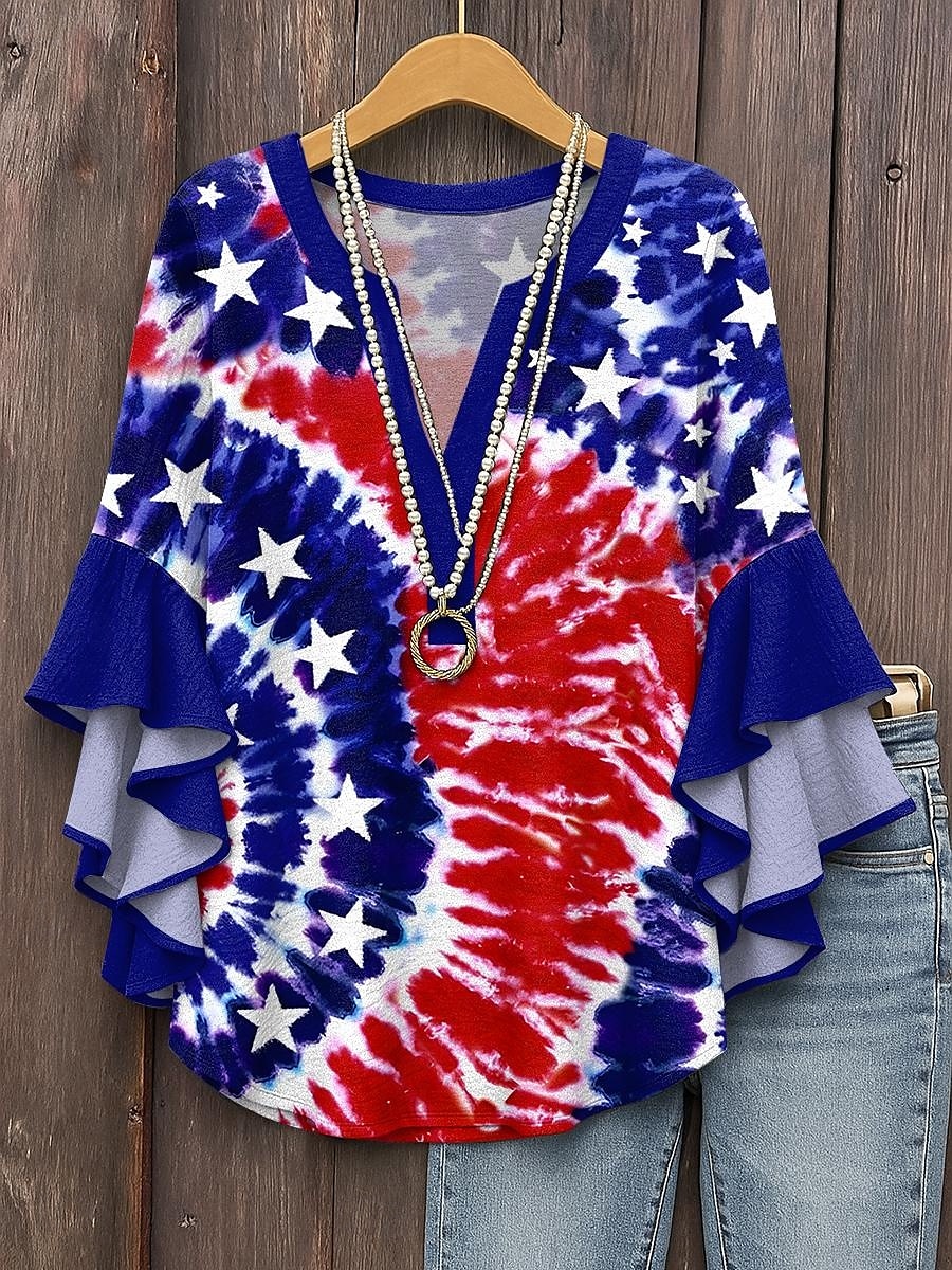 Women's Patriotic  Blouse Layered Ruffle Sleeve Tops Graphic Flag Bohemia Vintage Ethnic 3/4 Length Sleeve V Neck Tops Daily Holiday Vacation Wear Print Red Royal 2025 - $29.99 –P1