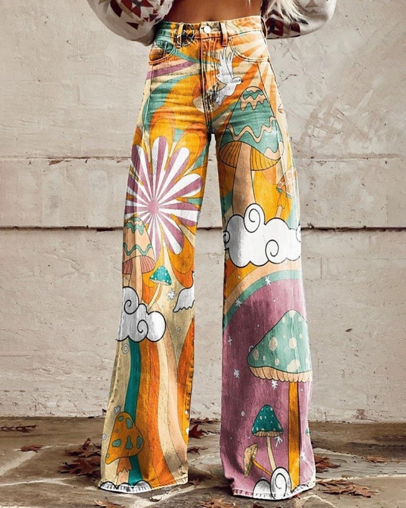 Damen Stoffhosen Mode Streetwear Volle Länge Natürliche Taille Blume Tasche Drucken Bequem Außenbereich Straße Ausgehen Gelb Sommer Normale Passform 2025 - $22.99 –P1