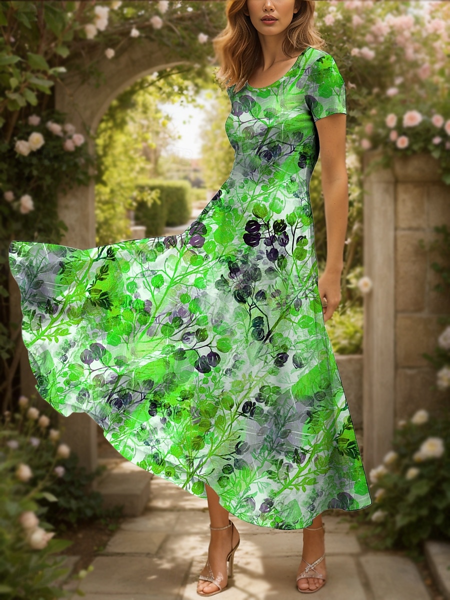 Damen Maxikleid Freizeitkleid A Linie Kleid Sommerkleid Elegant Urlaub Lässig Normale Passform Grafik Blatt Kurzarm Quadrathals Rundausschnitt Gelb Rote Blau Purpur Sommer 2025 - $30.99 –P7