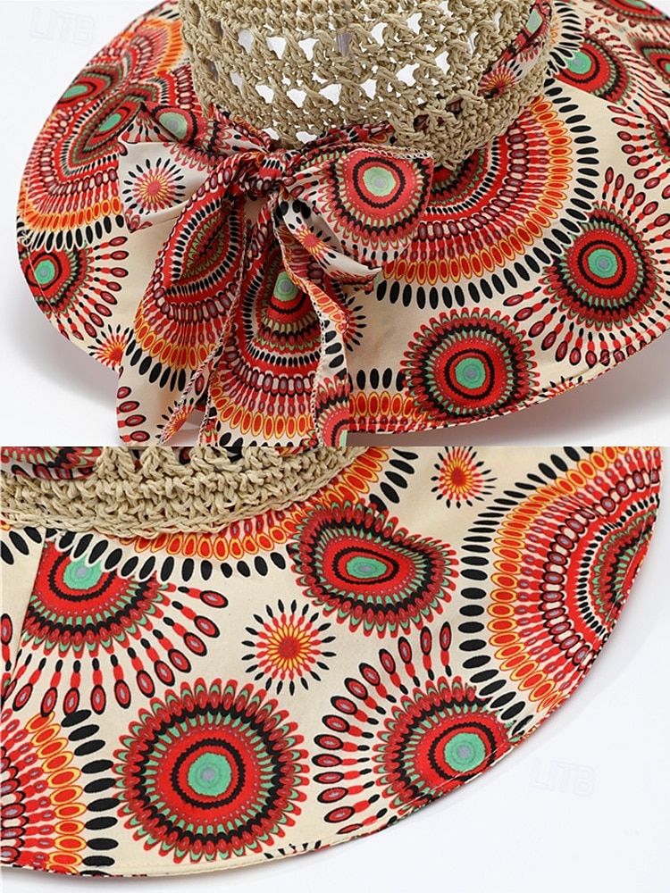Women's Wide Brim Straw Sun Hat with Colorful Ethnic Print Bow – Boho Style Foldable Beach Hat for Summer Travel and Vacation 2025 - $14.99 –P8