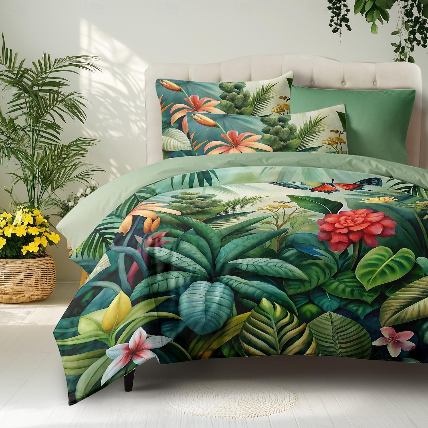 Cobertor de Edredom de Plantas Tropicais 100% Algodão Conjunto de Cama Tamanho Casal Cobertura de Colchão Macia Confortável e Leve com 2 Fronhas para Todas as Estações de 2025 por $60.99 –P1