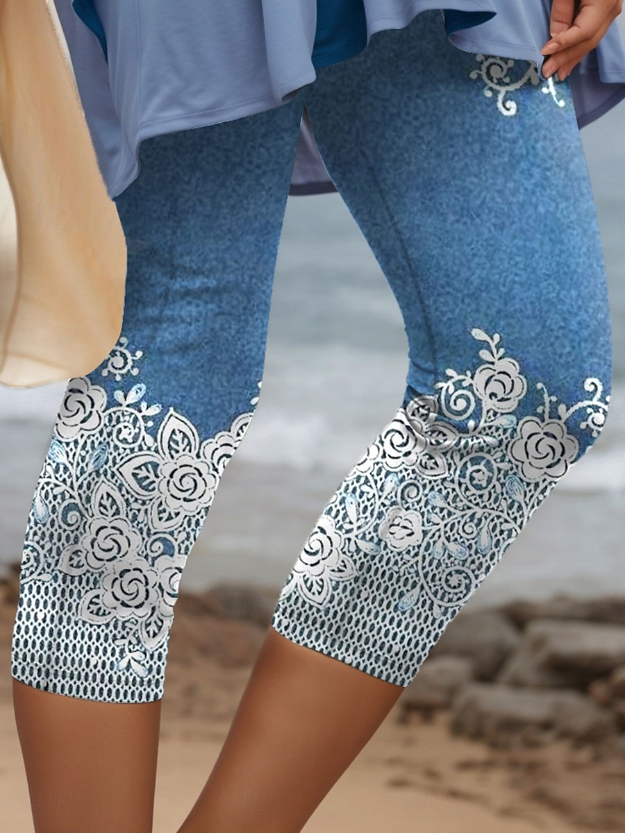 Damleggings Capri-byxor 3D-print hög elasticitet semester retro mode vadlängd hög midja blommig grafisk geometrisk andningsbar mjuk stretchig formell semester kontor robin's egg blå 2025 - $18.99 –P3