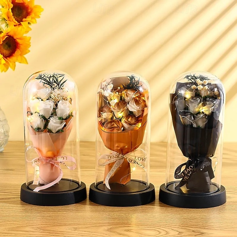 El ramo de rosas eternas, regalo para mamá, flores de jabón preservadas en cúpula de vidrio con luz, decoración de cumpleaños del día de la madre para mujeres 2026 - $15.99 –P3