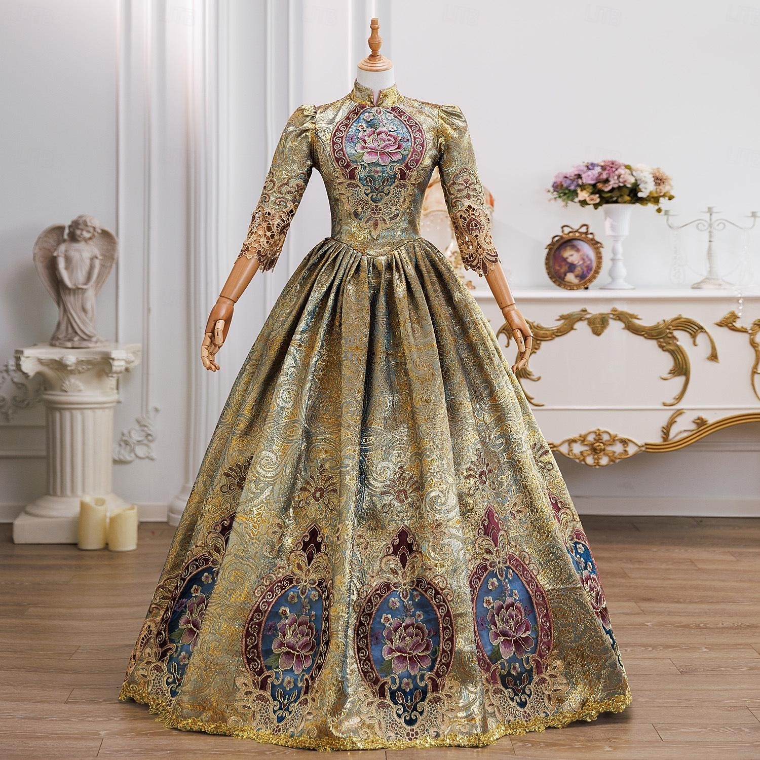 Vintage Rokoko Renässans Maxi Klänningar Vanligt Juliet ärm Prinsessa Brud Plisserad Med volanger Prinsessa Rund hals Maskeradkläder Dam Halloween Karnival Maskerad Prestanda Fest Halloween Vuxen 2026 - $218.69 –P1