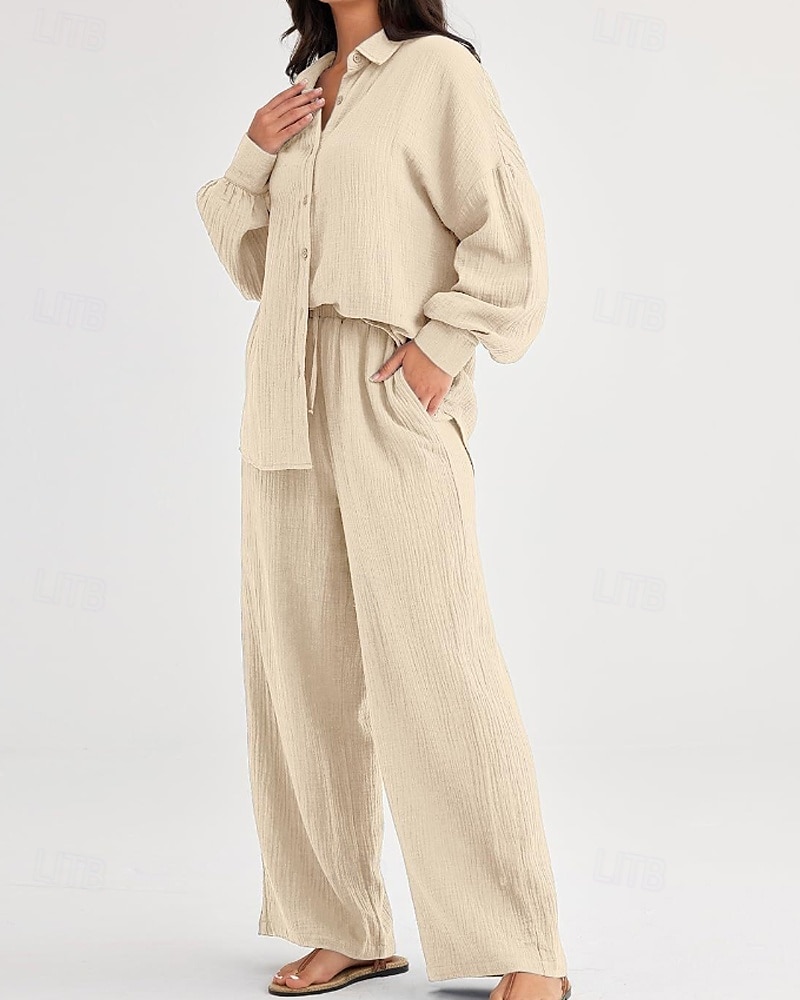 Women's Active Fashion Cotton Linen Shirts Cotton Linen Sets Blouse Long Sleeve Shirt Collar Solid Color Dubbele Rij Knopen Holiday Casual Daily Black Ivory Wine Summer Regular Fit 2025 - $37.99 –P19