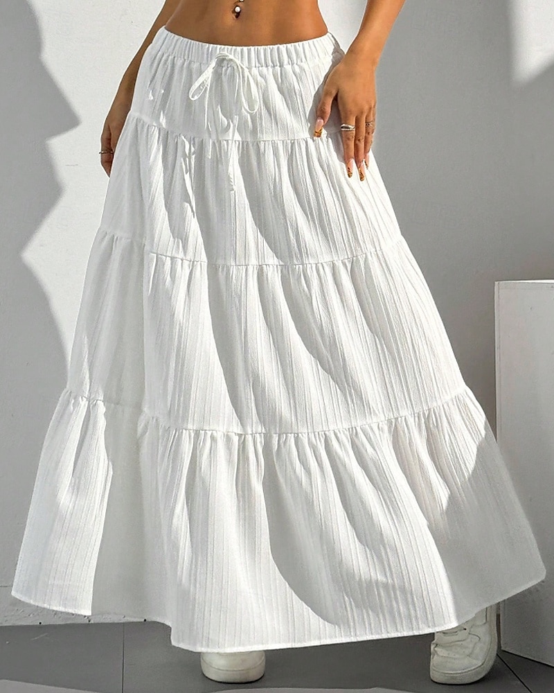 Damen Rock Schwingend Mode Maxi Mittlere Hüfthöhe Röcke Einfach Gerafft Kordelzug Mikroelastisch Urlaub Ausgehen Schwarz Weiß Rot Braun Sommer Polyester 2025 - $17.99 –P1