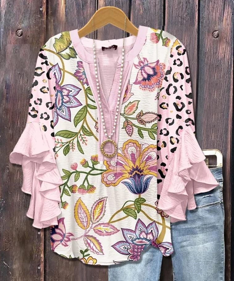 Damenbluse Geschichtete Rüschenschlupfärmel Tops Floral Grafik Paisley Bohemia Vintage Täglich 3/4 Lange Ärmel V-Ausschnitt Reguläre Tops Täglich Urlaub Ferien Kleidung Print Schwarz Pink Lila 2025 - $29.99 –P1