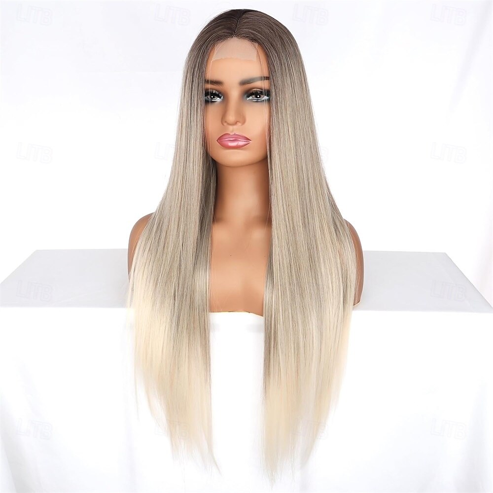 Peruca loira ombré longa de aparência natural com raízes castanhas, sem cola, para mulheres, cabelo sintético liso e sedoso, resistente ao calor, 28 polegadas de 2025 por $27.99 –P5