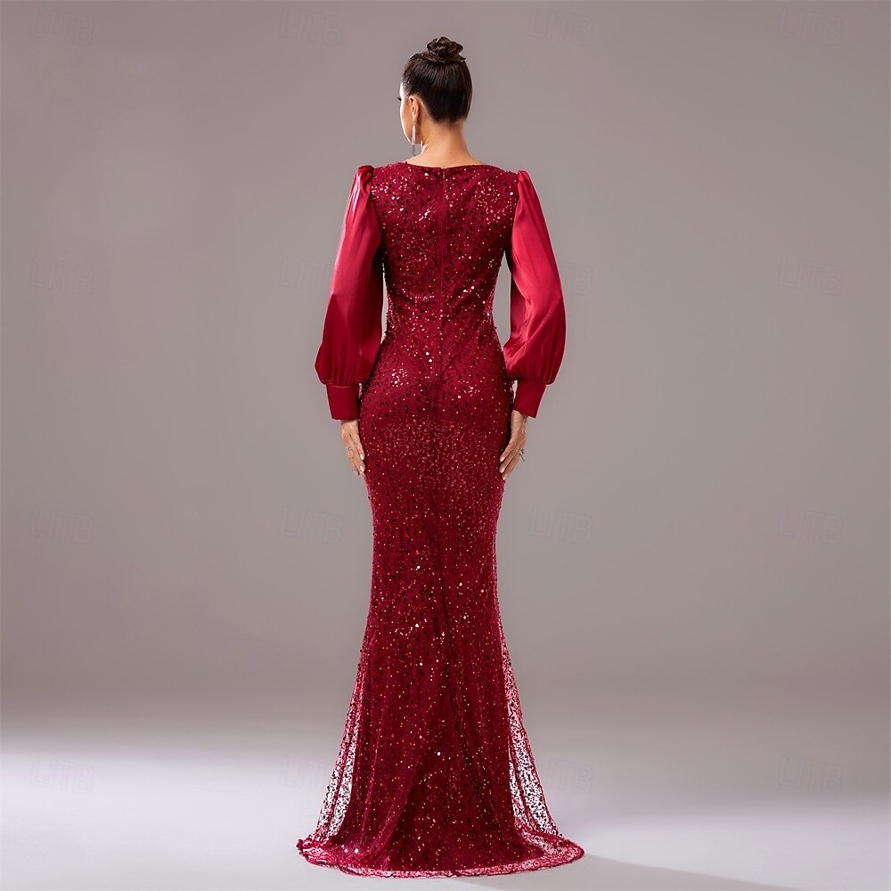 Robe de soirée noire cravate noire robe élégante mariage invité longueur au sol manches longues col rond sequins avec plis de 2025 ? $135.99 –P4