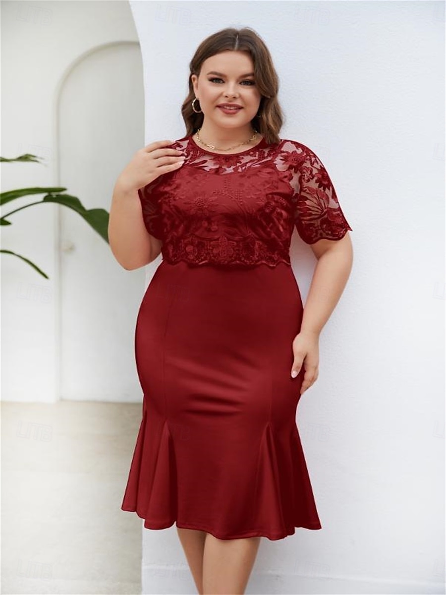 Robe mère de la mariée robe élégante col rond longueur thé dentelle manches courtes avec couleur unie de 2025 ? $49.99 –P5