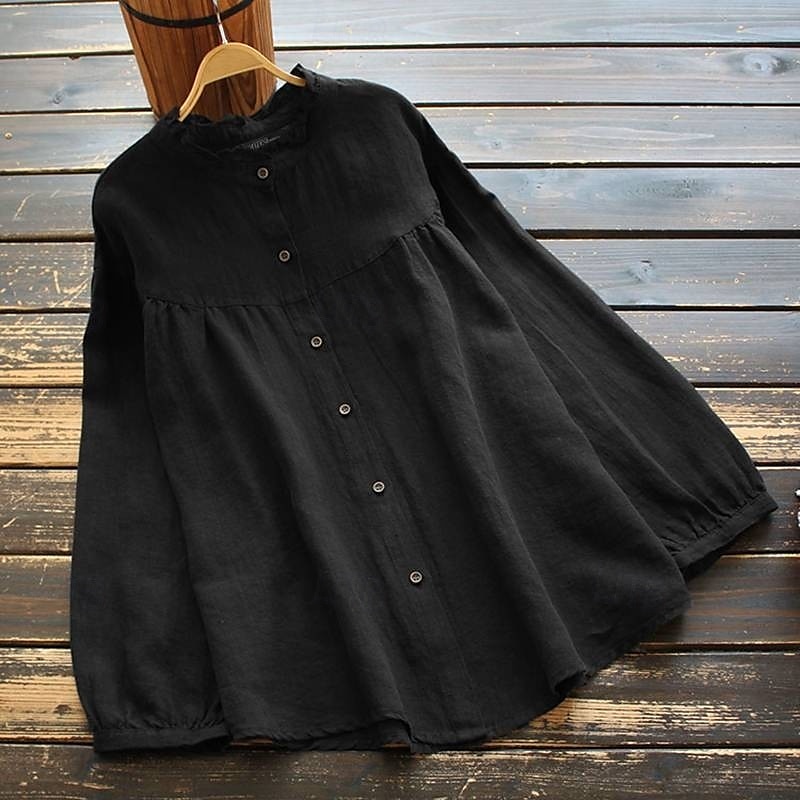Neujahr Damen Elegante Oberteile Einfach Stilvoll Basic Modern Langarm Bischofsärmel Rundhalsausschnitt Normale Oberteile Arbeit Täglich Clubuniformen Gerafft Knöpfe Tunika Schwarz Purpur Khaki 2025 - $21.99 –P1