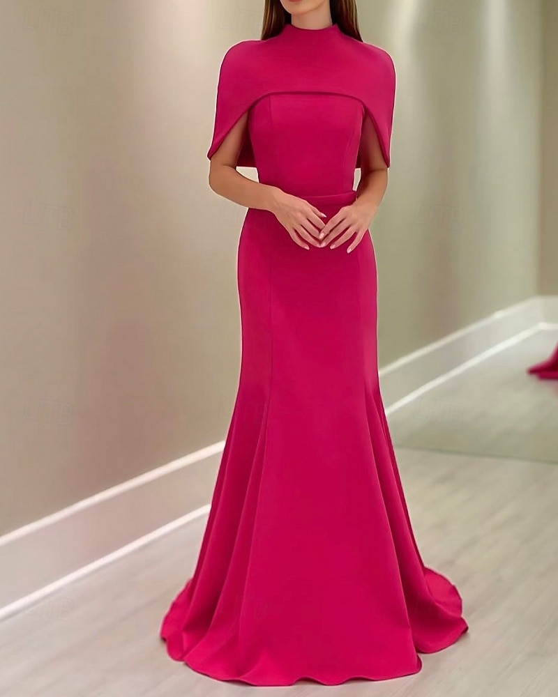 2-in-1 Cape Dress Hot Pink Mermaid / Trumpet Evening Gown Elegant Dress Formal Semi Formal Wedding Floor Length Sleeveless MocK Neck with Stretch Crepe 2025 - $155.99 –P3
