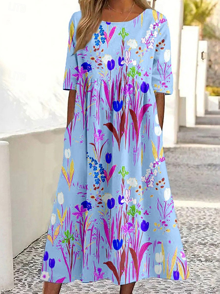Women's Midi Dress A Line Dress Summer Dress Vacation Casual Daily Holiday Loose Fit Floral Graphic Half Sleeve Crew Neck Yellow Pink Blue Summer Spring 2025 - $31.99 –P2