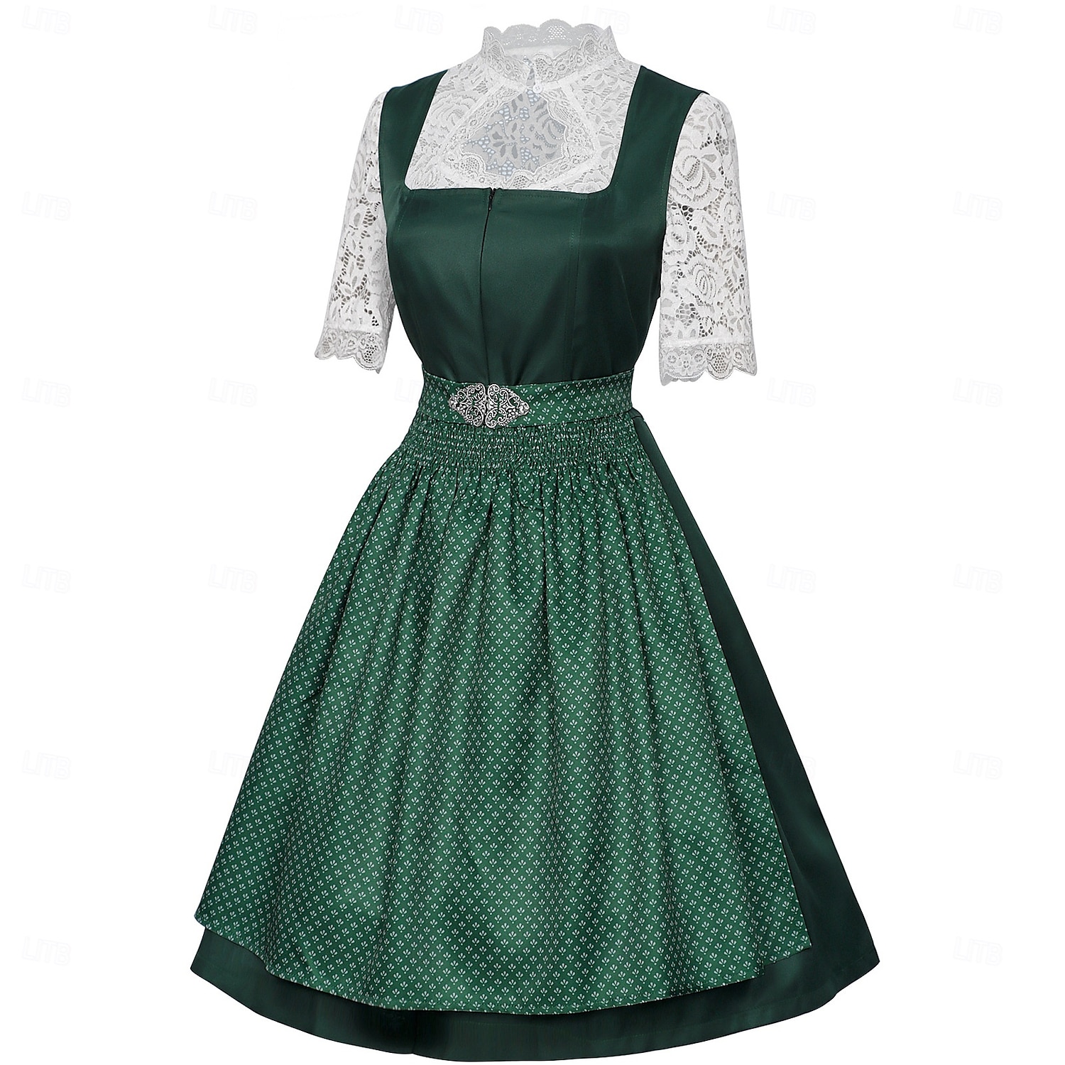 Φόρεμα Dirndl Γυναικείου Πράσινου Βαυαρίας με Ποδιά Σατέν και Μπλούζα Δαντέλας για το Oktoberfest 2025 - $55.99 –P4