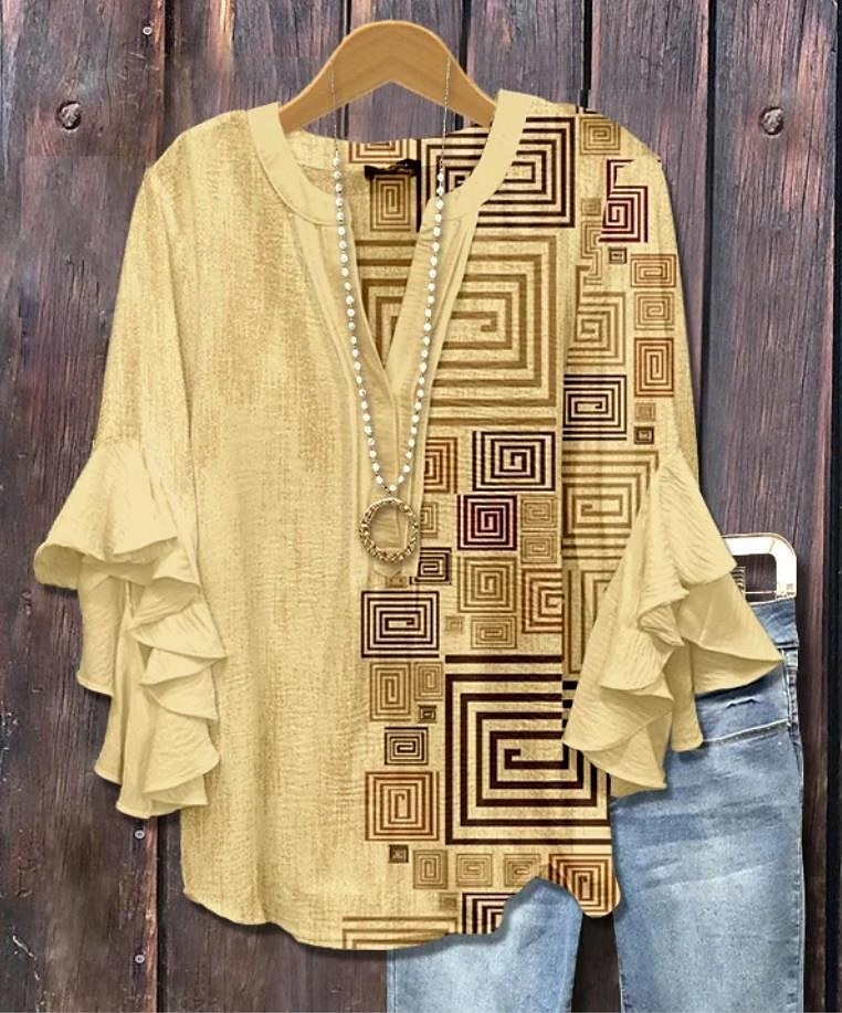 Damenbluse V-Ausschnitt Grafik Geometrisch Bohemia Vintage Täglich 3/4 Länge Ärmel Regelmäßige Oberteile Täglicher Urlaub Ferien Kleidung Druck Schwarz Weiß Gelb Grün Khaki Sommer Frühling Herbst 2025 - $29.99 –P5