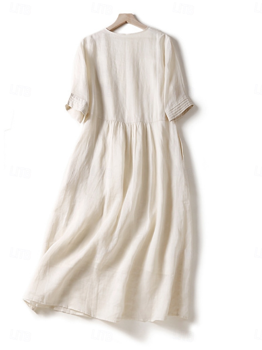 Rochie midi din bumbac și in pentru femei, rochie tip A, rochie de vară, casual, croială regulată, simplă, mânecă scurtă, guler rotund, alb, albastru, violet, verde, vară 2025 - $38.99 –P7
