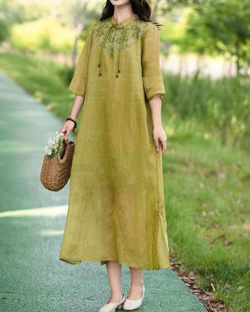 Pentru femei Rochii Midi Rochie din in bumbac Rochie florala Modă Modern Vacanță Zilnic Concediu Fit regulat Floare Manșon Jumate Guler de stand Roz Îmbujorat Albastru piscină Trifoi Caisă Vară 2025 - $28.99 –P6