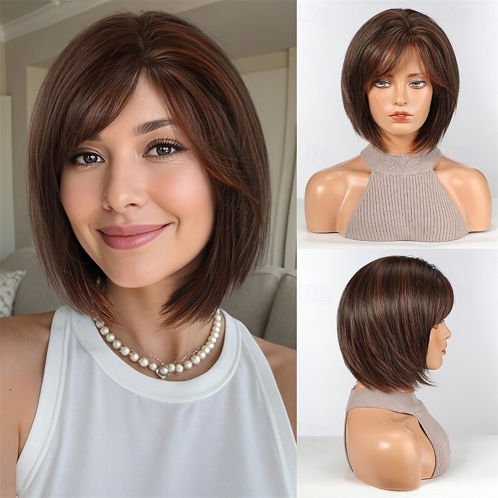 perucas bob para mulheres peruca sintética com franja cor marrom de 2025 por $24.99 –P4