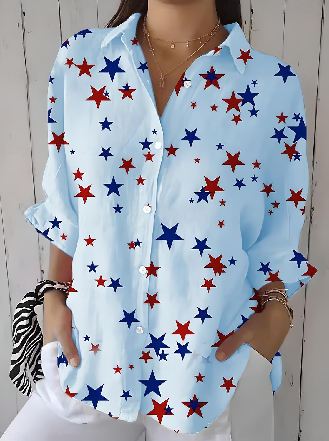 Independence Day Women's Patriotic Fourth of July Shirt Graphic Flag Star Vintage Tropical Daily Long Sleeve Shirt Collar Regular Tops Work Daily Buttons Print White Pink Blue Summer Spring 2025 - $32.99 –P2