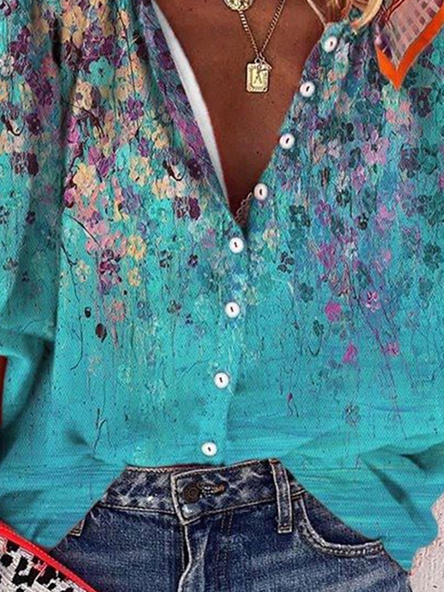 Dames Blouse Ombre Bloemig Grafisch Bohemen Dagelijks Casual 3/4 mouw Hoge nek Normale tops Knop Afdrukken Marineblauw Hemelsblauw Zomer Lente 2025 - $34.99 –P3