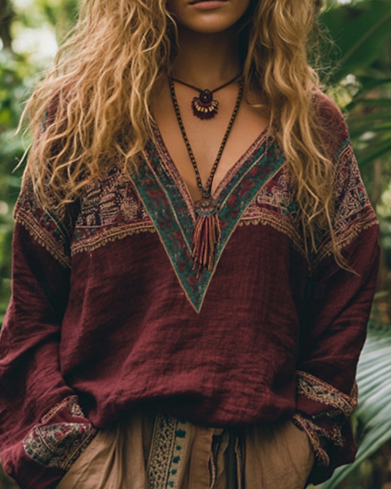 Women's Cotton Linen Shirts Boho Shirt Blouse Flower Modern Boho Long Sleeve V Neck Regular Tops Holiday Going out Print Black Red Orange Dark Gray Apricot Summer 2025 - GBP £19.99 –P2