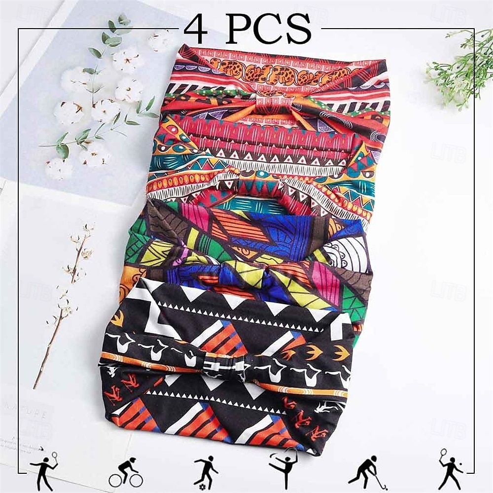 African Headbands Boho Knotted Hairbands Stretch Wide Head Wraps Elastic Yoga Turban Hair Scarfs Workout Printed Hair Accessories for Women Pack of 4 2026 - $11.99 –P2
