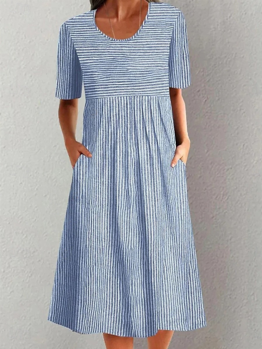 Pentru femei Rochii Midi Rochie A line Rochie de vară Vacanță Casual Zilnic Concediu Potrivire Largă Grafic Geometric Dungi Manșon Jumate Stil Nautic Albastru piscină Gri Vară 2025 - $31.99 –P1