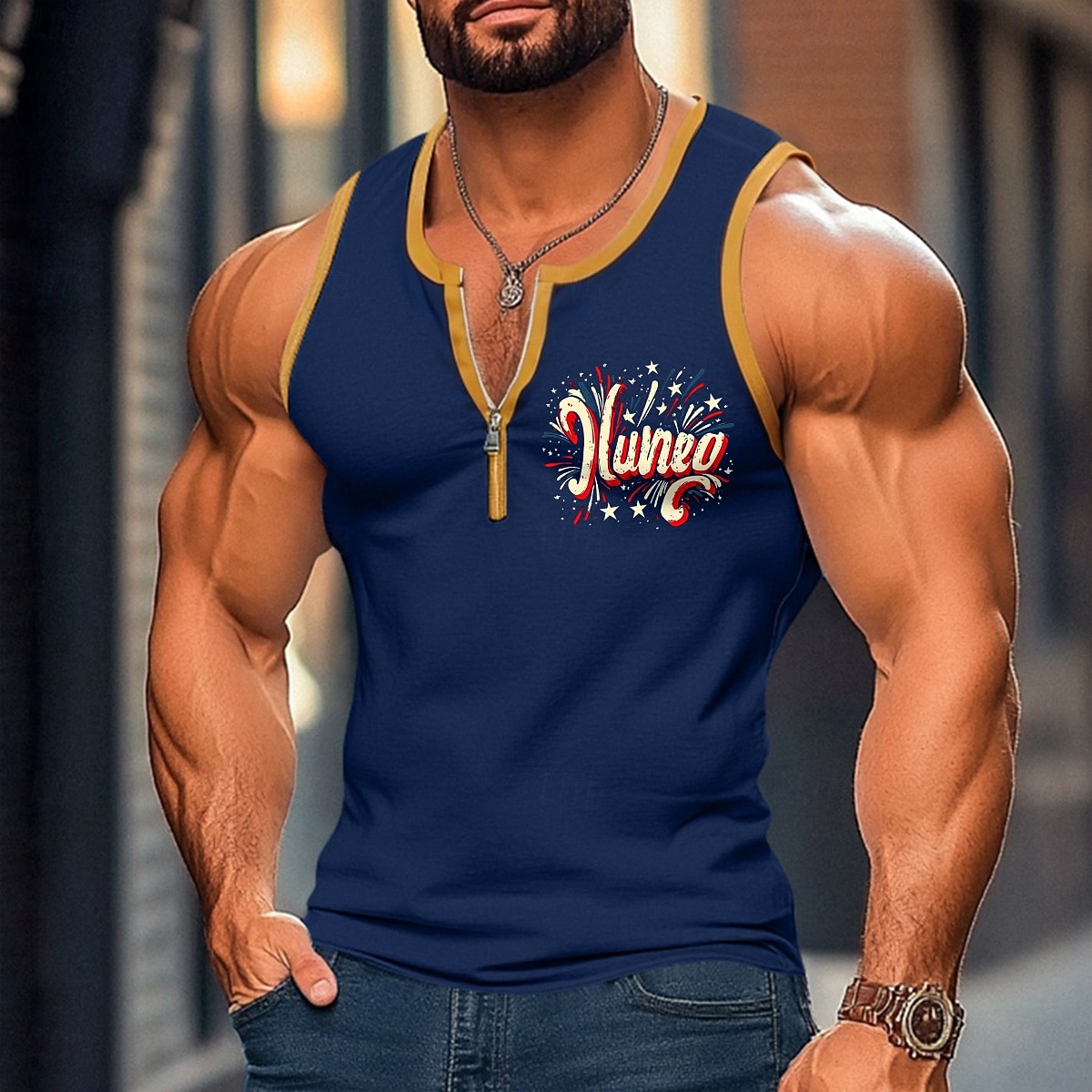 Men's Tank Top Vest Undershirt Sleeveless Shirt Sleeveless U Neck Summer Patchwork Independence Day Fashion Sporty Classic Zipper Casual Gym Street White Top Tee for Men 2026 - $15.99 –P1